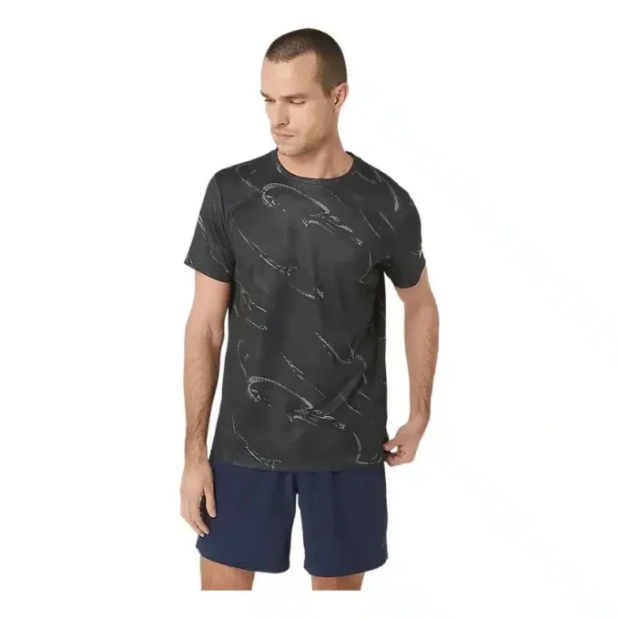 Kurzarm-Oberteil mit Suminagashi-Motivdruck „Graphite Grey“