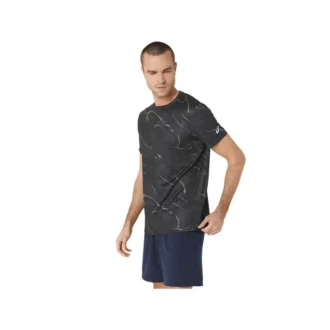 Kurzarm-Oberteil mit Suminagashi-Motivdruck „Graphite Grey“