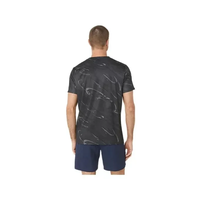 Kurzarm-Oberteil mit Suminagashi-Motivdruck „Graphite Grey“