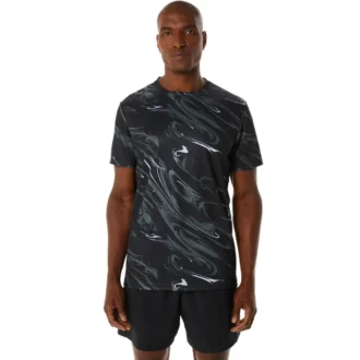 Suminagashi-Motiv-Print-Kurzarm-Oberteil „Black“