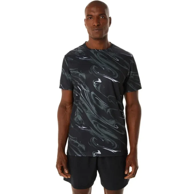 Suminagashi-Motiv-Print-Kurzarm-Oberteil „Black“