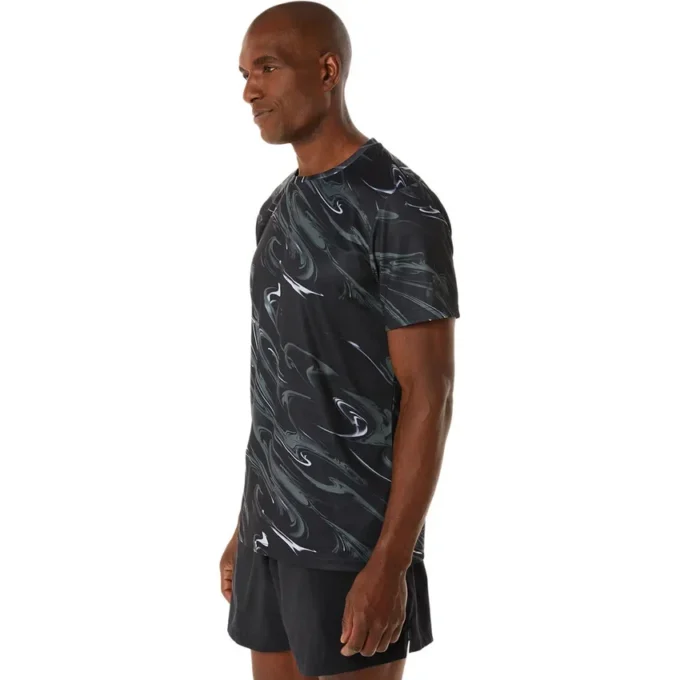 Suminagashi-Motiv-Print-Kurzarm-Oberteil „Black“